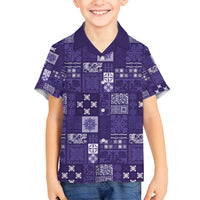 Vintage Hawaiian Quilting Patterns Family Matching Off Shoulder Short Dress and Hawaiian Shirt Purple Style Tribal Fabric Patchwork - Polynesian Pride