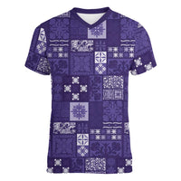 Vintage Hawaiian Quilting Patterns Women V-Neck T-Shirt Purple Style Tribal Fabric Patchwork - Polynesian Pride