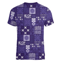 Vintage Hawaiian Quilting Patterns Women V-Neck T-Shirt Purple Style Tribal Fabric Patchwork - Polynesian Pride