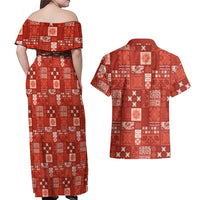 Vintage Hawaiian Quilting Patterns Couples Matching Off Shoulder Maxi Dress and Hawaiian Shirt Red Style Tribal Fabric Patchwork - Polynesian Pride