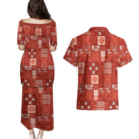 Vintage Hawaiian Quilting Patterns Couples Matching Puletasi and Hawaiian Shirt Red Style Tribal Fabric Patchwork - Polynesian Pride