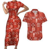 Vintage Hawaiian Quilting Patterns Couples Matching Short Sleeve Bodycon Dress and Hawaiian Shirt Red Style Tribal Fabric Patchwork - Polynesian Pride