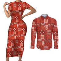 Vintage Hawaiian Quilting Patterns Couples Matching Short Sleeve Bodycon Dress and Long Sleeve Button Shirt Red Style Tribal Fabric Patchwork - Polynesian Pride