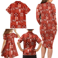 Vintage Hawaiian Quilting Patterns Family Matching Long Sleeve Bodycon Dress and Hawaiian Shirt Red Style Tribal Fabric Patchwork - Polynesian Pride