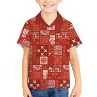 Vintage Hawaiian Quilting Patterns Family Matching Long Sleeve Bodycon Dress and Hawaiian Shirt Red Style Tribal Fabric Patchwork - Polynesian Pride