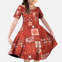 Vintage Hawaiian Quilting Patterns Family Matching Off The Shoulder Long Sleeve Dress and Hawaiian Shirt Red Style Tribal Fabric Patchwork - Polynesian Pride