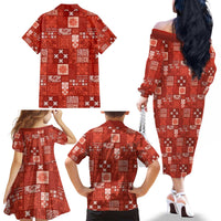 Vintage Hawaiian Quilting Patterns Family Matching Off The Shoulder Long Sleeve Dress and Hawaiian Shirt Red Style Tribal Fabric Patchwork - Polynesian Pride