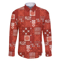 Vintage Hawaiian Quilting Patterns Family Matching Off The Shoulder Long Sleeve Dress and Hawaiian Shirt Red Style Tribal Fabric Patchwork - Polynesian Pride