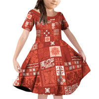 Vintage Hawaiian Quilting Patterns Family Matching Off Shoulder Short Dress and Hawaiian Shirt Red Style Tribal Fabric Patchwork - Polynesian Pride