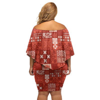 Vintage Hawaiian Quilting Patterns Family Matching Off Shoulder Short Dress and Hawaiian Shirt Red Style Tribal Fabric Patchwork - Polynesian Pride