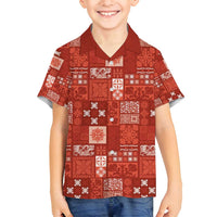 Vintage Hawaiian Quilting Patterns Family Matching Off Shoulder Short Dress and Hawaiian Shirt Red Style Tribal Fabric Patchwork - Polynesian Pride