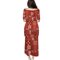 Vintage Hawaiian Quilting Patterns Family Matching Puletasi and Hawaiian Shirt Red Style Tribal Fabric Patchwork - Polynesian Pride