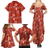 Vintage Hawaiian Quilting Patterns Family Matching Summer Maxi Dress and Hawaiian Shirt Red Style Tribal Fabric Patchwork - Polynesian Pride