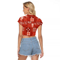Vintage Hawaiian Quilting Patterns Raglan Cropped T Shirt Red Style Tribal Fabric Patchwork - Polynesian Pride
