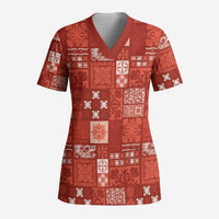 Vintage Hawaiian Quilting Patterns Scrub Top Red Style Tribal Fabric Patchwork - Polynesian Pride