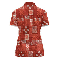 Vintage Hawaiian Quilting Patterns Women Polo Shirt Red Style Tribal Fabric Patchwork - Polynesian Pride