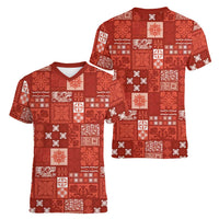 Vintage Hawaiian Quilting Patterns Women V-Neck T-Shirt Red Style Tribal Fabric Patchwork - Polynesian Pride