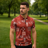 Vintage Hawaiian Quilting Patterns Zipper Polo Shirt Red Style Tribal Fabric Patchwork - Polynesian Pride