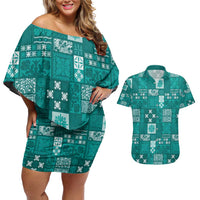 Vintage Hawaiian Quilting Patterns Couples Matching Off Shoulder Short Dress and Hawaiian Shirt Turquoise Style Tribal Fabric Patchwork LT9 Turquoise - Polynesian Pride