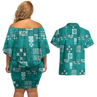 Vintage Hawaiian Quilting Patterns Couples Matching Off Shoulder Short Dress and Hawaiian Shirt Turquoise Style Tribal Fabric Patchwork LT9 - Polynesian Pride