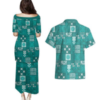 Vintage Hawaiian Quilting Patterns Couples Matching Puletasi and Hawaiian Shirt Turquoise Style Tribal Fabric Patchwork - Polynesian Pride