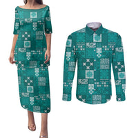 Vintage Hawaiian Quilting Patterns Couples Matching Puletasi and Long Sleeve Button Shirt Turquoise Style Tribal Fabric Patchwork - Polynesian Pride