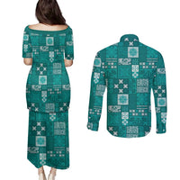 Vintage Hawaiian Quilting Patterns Couples Matching Puletasi and Long Sleeve Button Shirt Turquoise Style Tribal Fabric Patchwork - Polynesian Pride