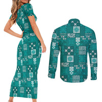 Vintage Hawaiian Quilting Patterns Couples Matching Short Sleeve Bodycon Dress and Long Sleeve Button Shirt Turquoise Style Tribal Fabric Patchwork - Polynesian Pride