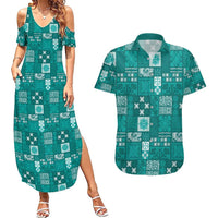 Vintage Hawaiian Quilting Patterns Couples Matching Summer Maxi Dress and Hawaiian Shirt Turquoise Style Tribal Fabric Patchwork LT9 Turquoise - Polynesian Pride