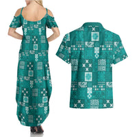 Vintage Hawaiian Quilting Patterns Couples Matching Summer Maxi Dress and Hawaiian Shirt Turquoise Style Tribal Fabric Patchwork LT9 - Polynesian Pride