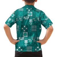 Vintage Hawaiian Quilting Patterns Family Matching Long Sleeve Bodycon Dress and Hawaiian Shirt Turquoise Style Tribal Fabric Patchwork - Polynesian Pride