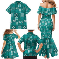 Vintage Hawaiian Quilting Patterns Family Matching Mermaid Dress and Hawaiian Shirt Turquoise Style Tribal Fabric Patchwork - Polynesian Pride