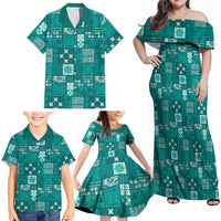 Vintage Hawaiian Quilting Patterns Family Matching Off Shoulder Maxi Dress and Hawaiian Shirt Turquoise Style Tribal Fabric Patchwork - Polynesian Pride