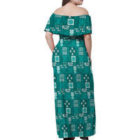 Vintage Hawaiian Quilting Patterns Family Matching Off Shoulder Maxi Dress and Hawaiian Shirt Turquoise Style Tribal Fabric Patchwork - Polynesian Pride