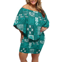 Vintage Hawaiian Quilting Patterns Family Matching Off Shoulder Short Dress and Hawaiian Shirt Turquoise Style Tribal Fabric Patchwork - Polynesian Pride