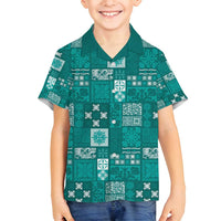Vintage Hawaiian Quilting Patterns Family Matching Off Shoulder Short Dress and Hawaiian Shirt Turquoise Style Tribal Fabric Patchwork - Polynesian Pride