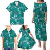 Vintage Hawaiian Quilting Patterns Family Matching Puletasi and Hawaiian Shirt Turquoise Style Tribal Fabric Patchwork - Polynesian Pride