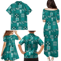Vintage Hawaiian Quilting Patterns Family Matching Puletasi and Hawaiian Shirt Turquoise Style Tribal Fabric Patchwork - Polynesian Pride