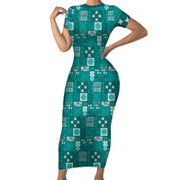 Vintage Hawaiian Quilting Patterns Family Matching Short Sleeve Bodycon Dress and Hawaiian Shirt Turquoise Style Tribal Fabric Patchwork - Polynesian Pride