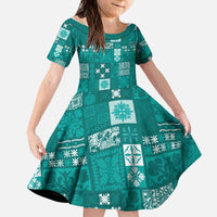 Vintage Hawaiian Quilting Patterns Kid Short Sleeve Dress Turquoise Style Tribal Fabric Patchwork LT9 KID Turquoise - Polynesian Pride
