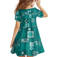 Vintage Hawaiian Quilting Patterns Kid Short Sleeve Dress Turquoise Style Tribal Fabric Patchwork LT9 - Polynesian Pride
