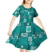 Vintage Hawaiian Quilting Patterns Kid Short Sleeve Dress Turquoise Style Tribal Fabric Patchwork LT9 - Polynesian Pride