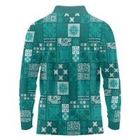 Vintage Hawaiian Quilting Patterns Long Sleeve Polo Shirt Turquoise Style Tribal Fabric Patchwork - Polynesian Pride