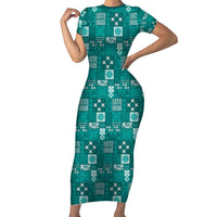 Vintage Hawaiian Quilting Patterns Short Sleeve Bodycon Dress Turquoise Style Tribal Fabric Patchwork LT9 Long Dress Turquoise - Polynesian Pride