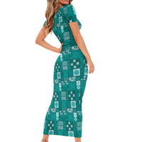 Vintage Hawaiian Quilting Patterns Short Sleeve Bodycon Dress Turquoise Style Tribal Fabric Patchwork LT9 - Polynesian Pride