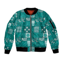 Vintage Hawaiian Quilting Patterns Sleeve Zip Bomber Jacket Turquoise Style Tribal Fabric Patchwork - Polynesian Pride