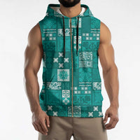 Vintage Hawaiian Quilting Patterns Sleeveless Zip Hoodie Turquoise Style Tribal Fabric Patchwork - Polynesian Pride