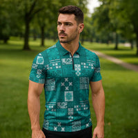 Vintage Hawaiian Quilting Patterns Zipper Polo Shirt Turquoise Style Tribal Fabric Patchwork - Polynesian Pride