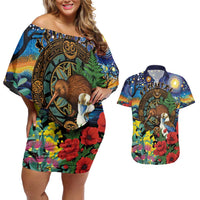 Kiwi-Kookaburra Bird ANZAC Personalised Couples Matching Off Shoulder Short Dress and Hawaiian Shirt Aussie Golden Wattle Poppy Flowers