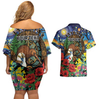 Kiwi-Kookaburra Bird ANZAC Personalised Couples Matching Off Shoulder Short Dress and Hawaiian Shirt Aussie Golden Wattle Poppy Flowers